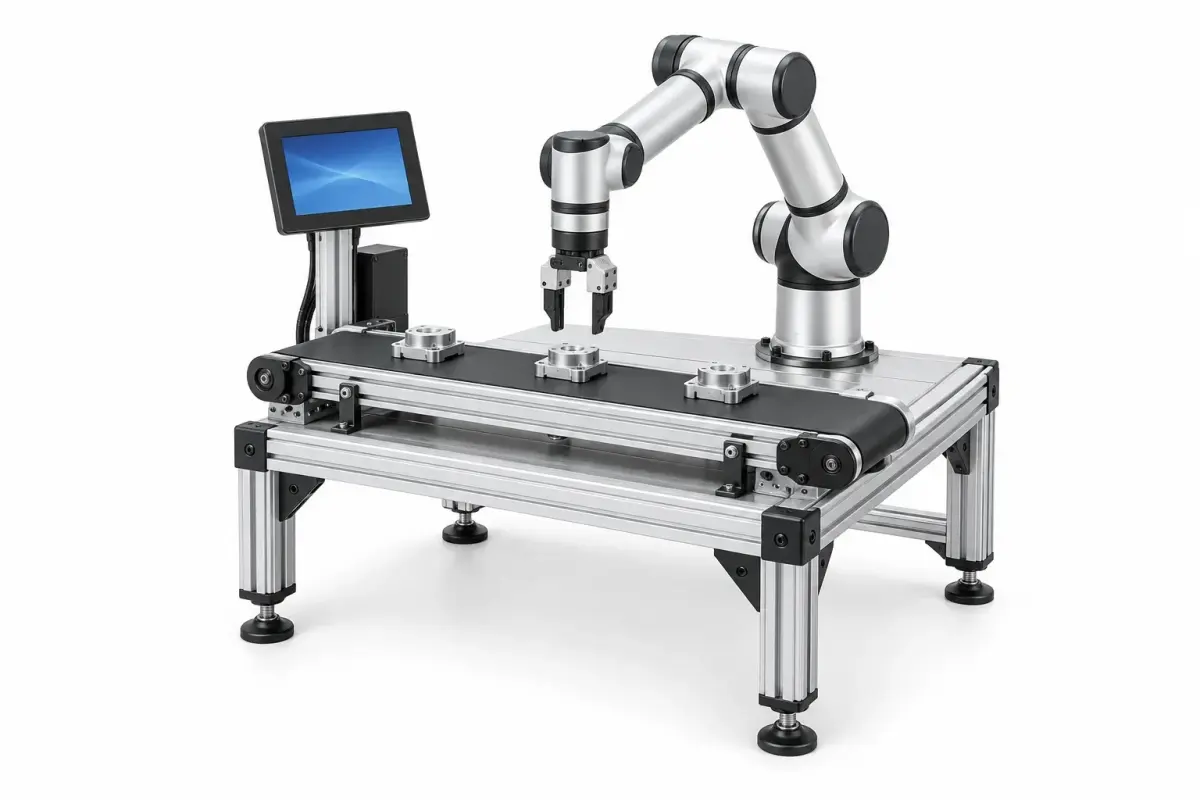 A cobot on an aluminium work table with its control screen
