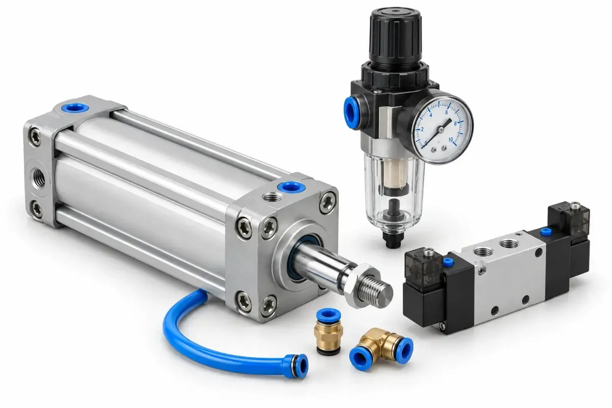 A pneumatic cylinder, a pressure regulator and valves