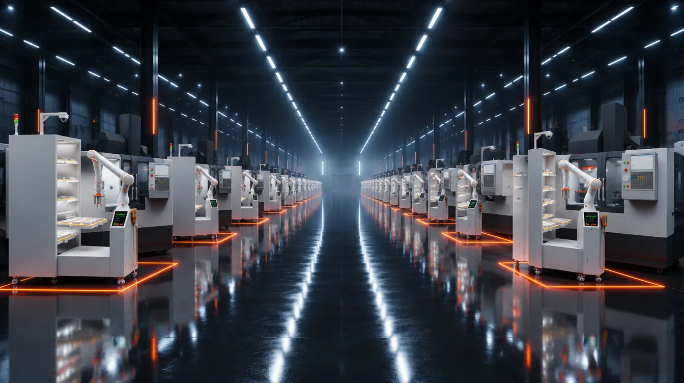 A dark, high-ceiling CNC machining hall: two long rows of Haas and Mazak machines, with a white Axton station in front of each