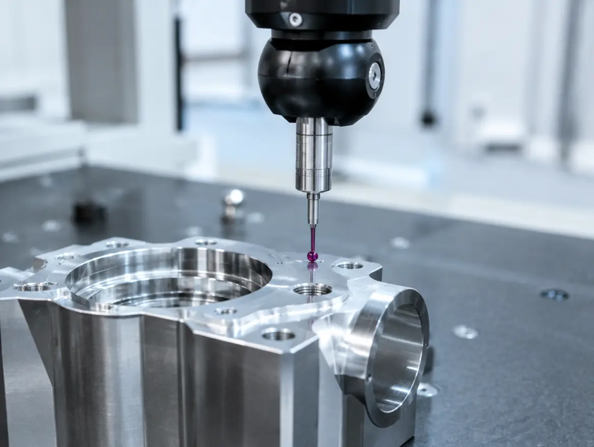 A CMM probe measuring a machined part