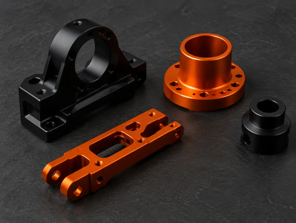 Black and orange anodized aluminum parts