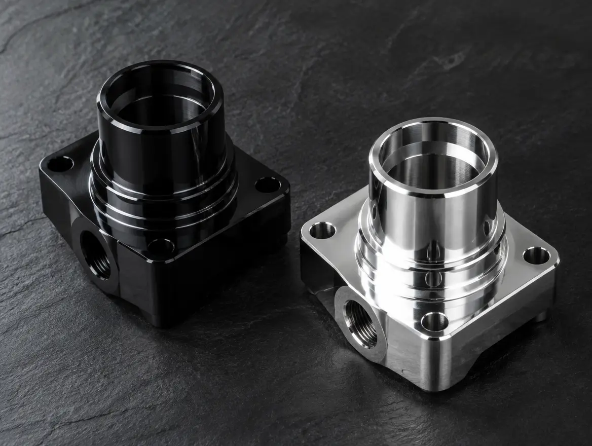 A powder coated part beside a polished part