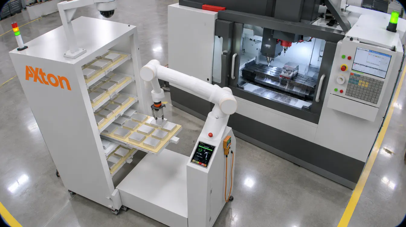 The camera above the Axton station: the cobot picking a blank from a tray, its screen lit