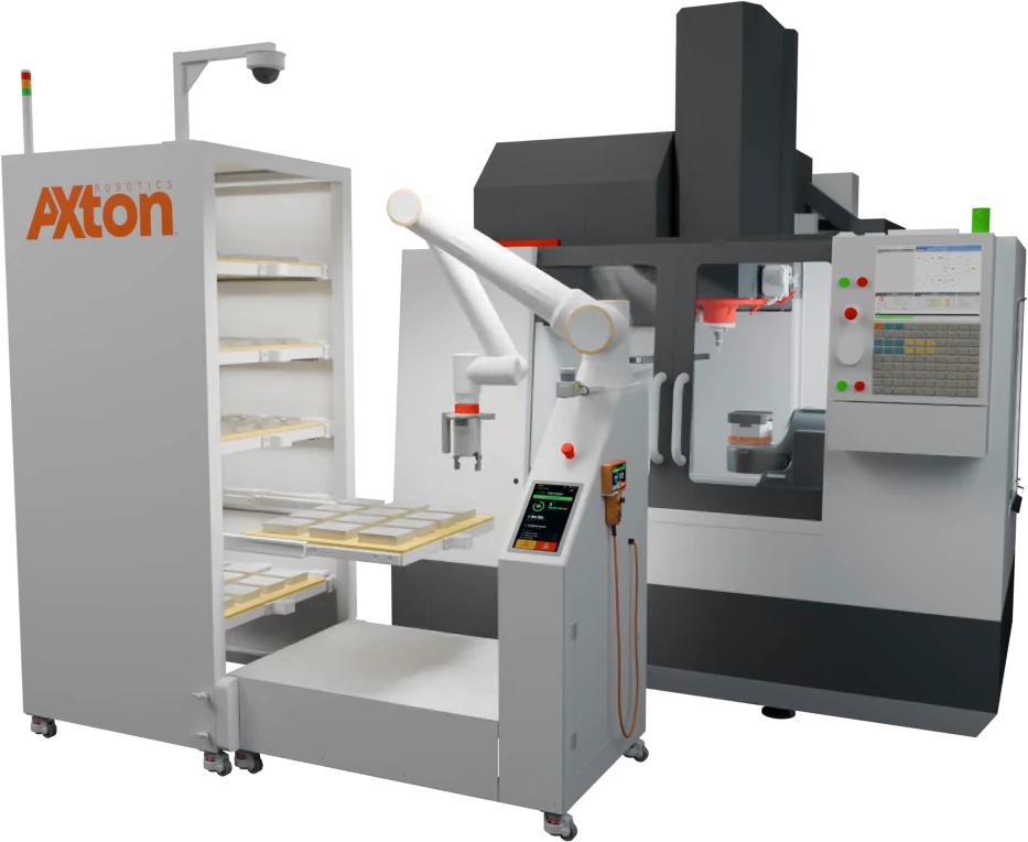 The Axton cell beside a CNC machine: a tall white part tower with trays of stock, a robot arm on a control pedestal reaching towards the tower, and a vertical mill behind them.