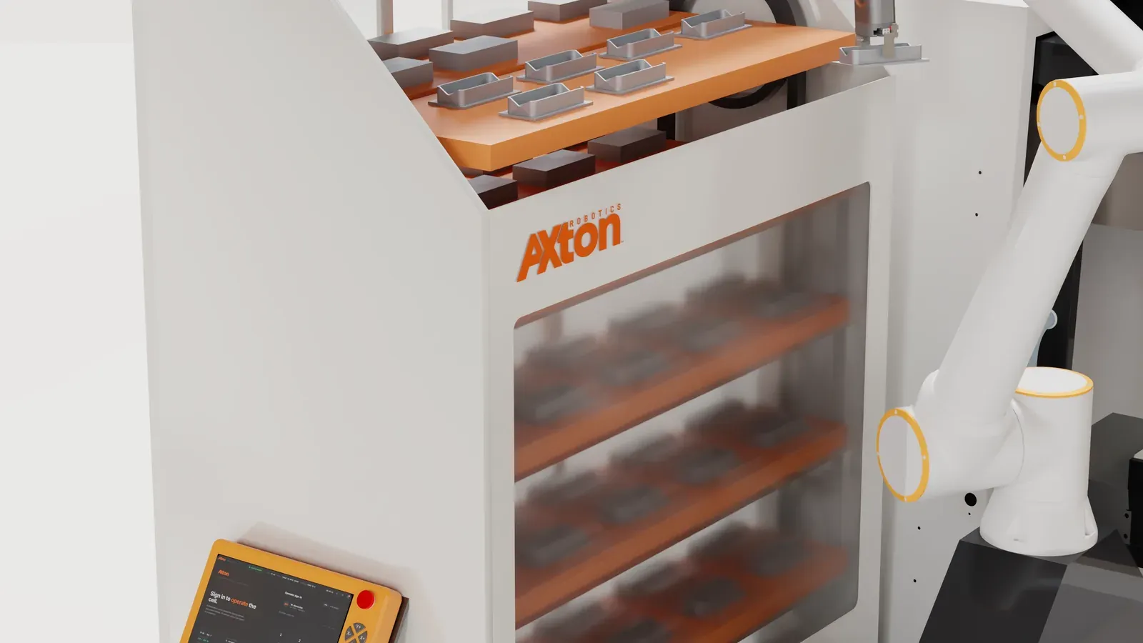 Axton Robotics carousel CNC machine tending station with a parts tray on top, glass front and cobot arm