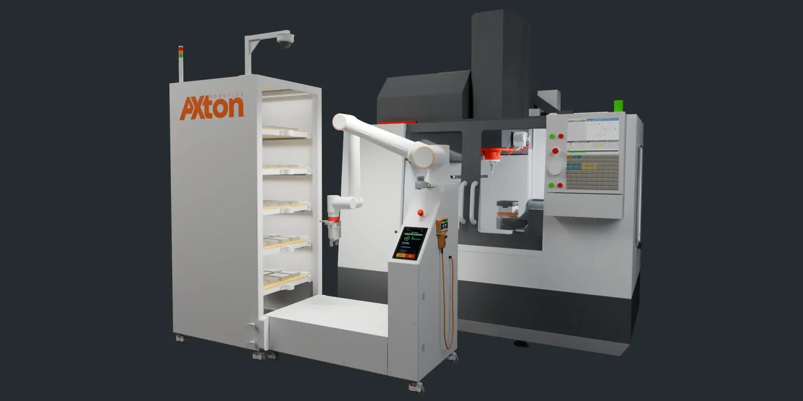 Axton Tower CNC machine tending station with a cobot loading a vertical machining center